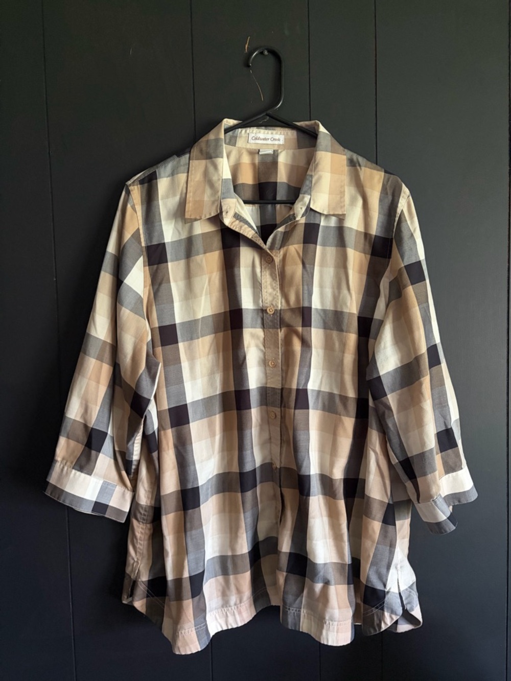 Womens blouse Button-Down Shirt in Beige and Black Coldwater Creek 2XL plaid